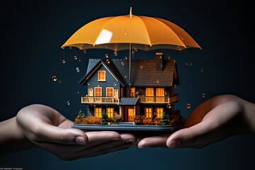 Mały drewniany domek pod parasolem ochronnym trzymany w dłoniach.  - obrazy, fototapety, plakaty