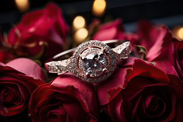 Pierścionek zaręczynowy wysadzany kamieniami szlachetnymi i diamentami na płatkach róż.  - obrazy, fototapety, plakaty
