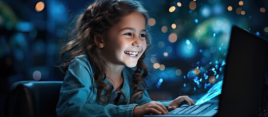 Szczęśliwa dziewczynka ucząca się przed nowoczesnym komputerem i korzystająca z technologii.  - obrazy, fototapety, plakaty