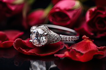 Pierścionek zaręczynowy wysadzany kamieniami szlachetnymi i diamentami na płatkach róż.  - obrazy, fototapety, plakaty