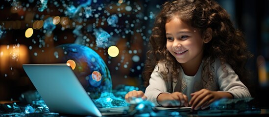 Szczęśliwa dziewczynka ucząca się przed nowoczesnym komputerem i korzystająca z technologii.  - obrazy, fototapety, plakaty