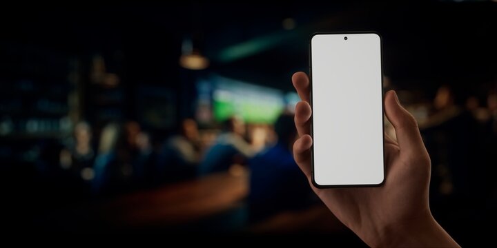 CU Caucasian man using phone inside a sports bar, online betting, bookmaker