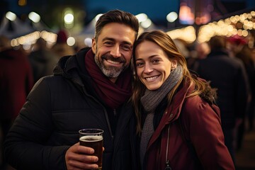 Szczęśliwa para na festiwalu na zewnątrz dobrze bawiąca się w barze 