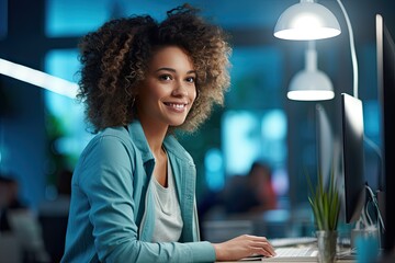 Fototapeta Uśmiechnięta czarnoskóra kobieta w biurze w pracy.  obraz