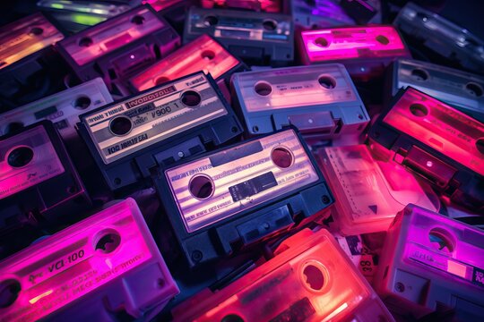 Old audio tape compact cassette on black background. Collection of retro cassette. Vintage pattern. 80s and 90s funky colorful design