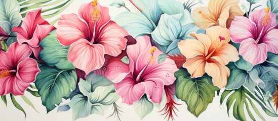 Fototapeta premium Tropical flower watercolor pattern with colorful botanical elements