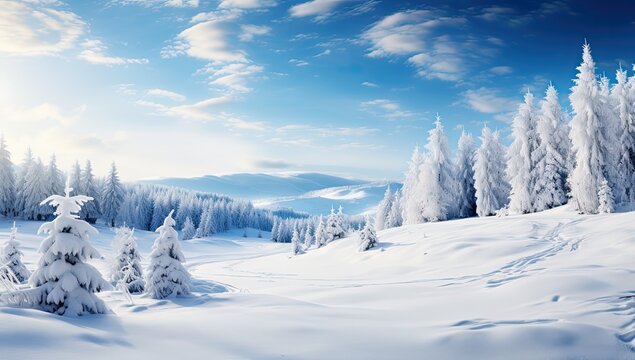 Obraz Zimowy krajobraz lasu porytego białym śniegiem. 