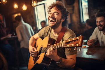 Cheerful musician performing in a pub. Performer playing a guitar. People gathering in the background. - obrazy, fototapety, plakaty