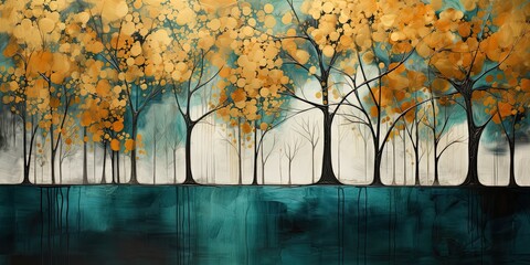 Abstrakcyjny obraz z jesiennym lasem i złotymi liśćmi drzew. 
