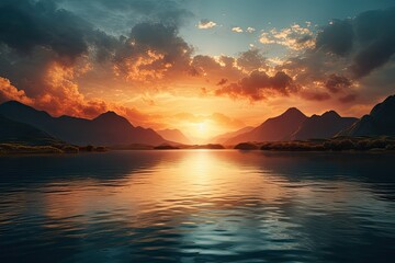 Obrazy na Plexi  Wschód słońca nad górskim jeziorem. 