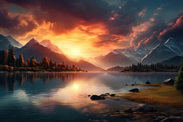 Wschód słońca nad jeziorem w górach. 