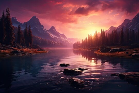 Fototapeta Wschód słońca nad jeziorem w górach. 