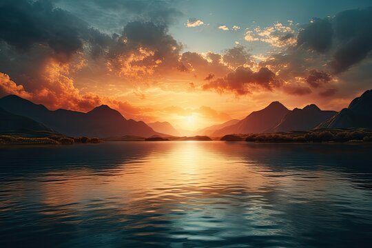 Fototapeta Wschód słońca nad górskim jeziorem. 