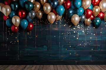 Urodzinowe tło z kolorowymi balonami na tle niebieskiej ściany.