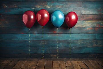 Urodzinowe tło z kolorowymi balonami na tle niebieskiej ściany. - obrazy, fototapety, plakaty