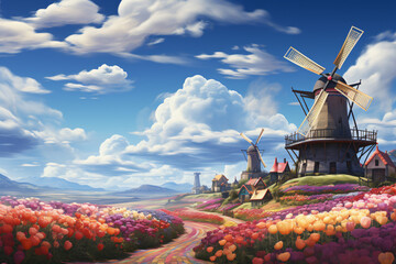 Panorama of landscape with blooming colorful tulip field, traditional dutch windmill and blue cloudy sky in Netherlands Holland , Europe - Tulips flowers background panoramic banner  - obrazy, fototapety, plakaty
