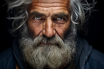 Close up picture of face old wise man with white beard homeless grandfather generative ai