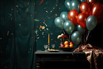 Konfetti i balony urodzinowe na ciemnym tle.  - obrazy, fototapety, plakaty