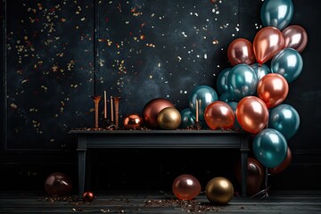 Konfetti i balony urodzinowe na ciemnym tle. 