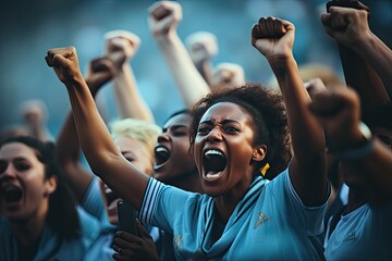 Kobieca drużyna piłki nożnej świętuje zwycięstwo po meczu footballu.  - obrazy, fototapety, plakaty