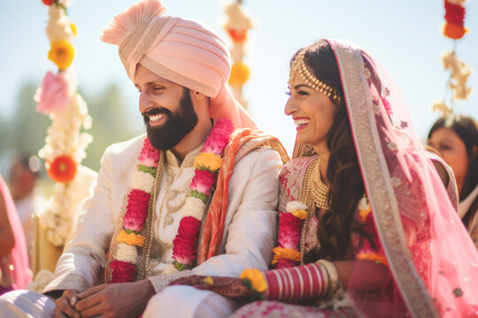 Indian bride and groom at amazing hindu wedding ceremony. Details of traditional indian wedding. Beautifully decorated hindu wedding accessories. Indian marriage traditions.