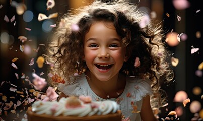 Szczęśliwa uśmiechnięta dziewczynka z tortem urodzinowym.  - obrazy, fototapety, plakaty