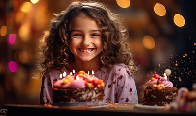 Szczęśliwa uśmiechnięta dziewczynka z tortem urodzinowym.  - obrazy, fototapety, plakaty
