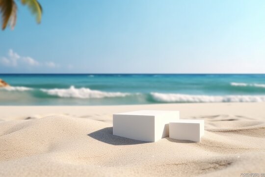 Summer tropical background, Podium on sand beach on sea background, Mock up for the exhibitions, Presentation of products, 3d render.generative ai.