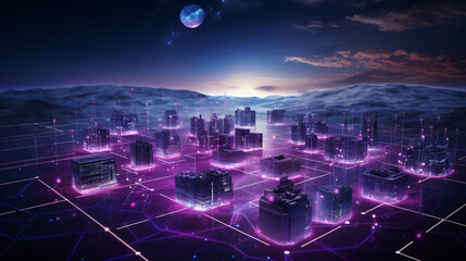 3D rendering of futuristic city at night. Digital technology concept.