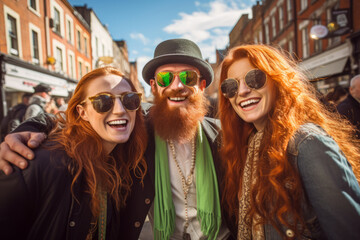 Beautiful young cheerful friends wearing green clothes and accessories participating in traditional Saint Patrick's Day parade in Irish town. - obrazy, fototapety, plakaty