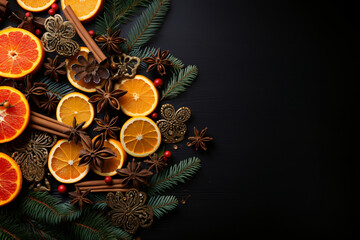 Fototapeta na wymiar Merry Christmas, festive celebration holiday greeting card - Ornaments (orange slices, cinnamon sticks, star anise, branches, cones) on black table background, top view flat lay 