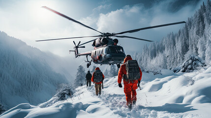 Fototapeta na wymiar people climb snowy mountain road near rescue helicopter,