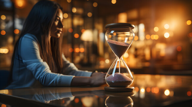The concept of deadline. Hourglass on employee background
