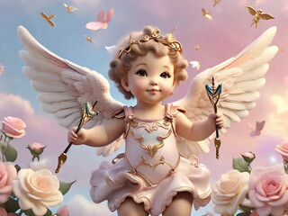 Fototapeta premium Angel with heart valentine's day background. generative ai
