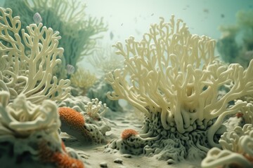 Naklejka na ściany i meble Beautiful colorful closeup sea corals. Sea anemones and corals in marine aquarium. Green abstract natural underwater background. Environment ecology concept. Save ocean