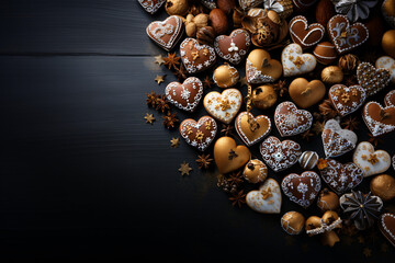Obraz premium Christmas food bakery bake baking photography background - Closeup of many gingerbread heart cookies, on dark black concrete table, top view 