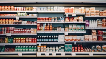 Fotobehang supermarket aisle with colorful shelves in shopping mall interior for background, Blurred background. © masyastadnikova
