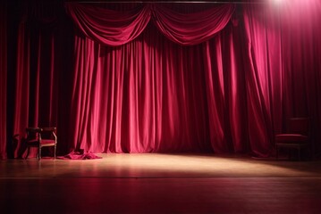 Stage with hot pink curtains and spotlights. Stage background. 3d render