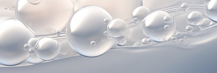 Close-up of white transparent drops liquid bubbles, banner