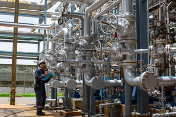 Male worker inspection visual pipeline and valve tube steam