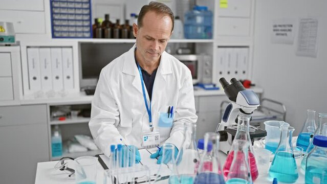 Confident, handsome middle age man scientist, immersed in his world of science, smiling while taking notes writing medical report in bustling laboratory.