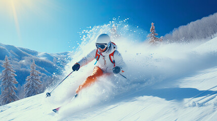 woman skier in a white jacket is skiing in the bright sun - obrazy, fototapety, plakaty