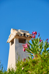 Chimney tower designed roof house building outside against blue sky background and green plant foreground. Construction of exterior architecture of chute built on rooftop for fireplace smoke and heat