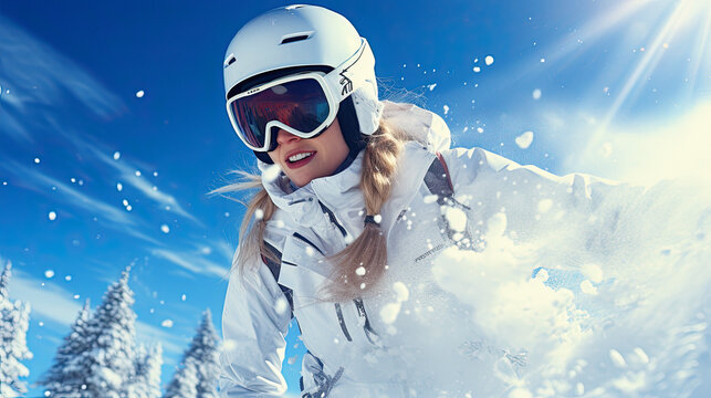 woman skier in a white jacket is skiing in the bright sun