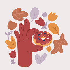 Female hand holding pink donut over white background. Top view, flat lay. Sweet, dessert, diet concept. Banner with copy space. Weight lost after holidays.