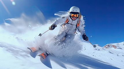 woman skier in a white jacket is skiing in the bright sun - obrazy, fototapety, plakaty