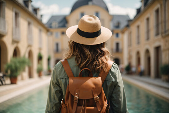 Back view of Tourist woman with hat and backpack at vacation in France, Wanderlust concept Generative Ai