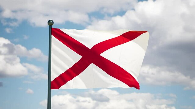 Alabama state waving flag. USA Close up American AL flag flutters in the wind. Cloudy sky background. Realistic 3d render cgi.
