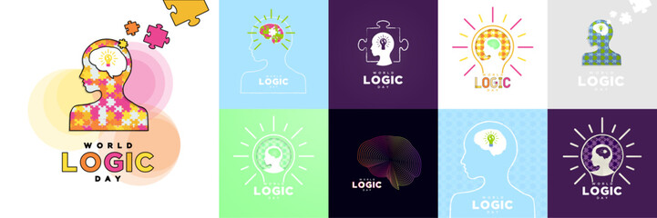 Set of World Logic Day Greeting Card Poster Designs, celebrated on January 14. Colorful jigsaw puzzle piece with human head profile and brain. Puzzle brain concept, light bulb idea, brain in neon. Vec