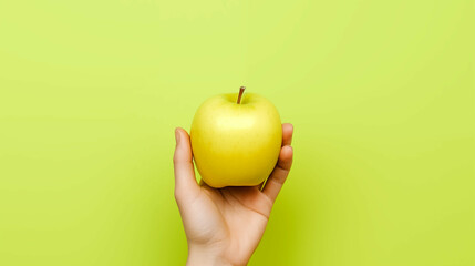 Hand grabbing a yellow apple over green background, healthy eating. Generative AI. - Powered by Adobe